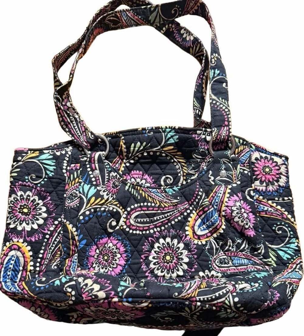 Vera Bradley Quilted Tote Bag Black Floral Paisley Print Shoulder Handbag